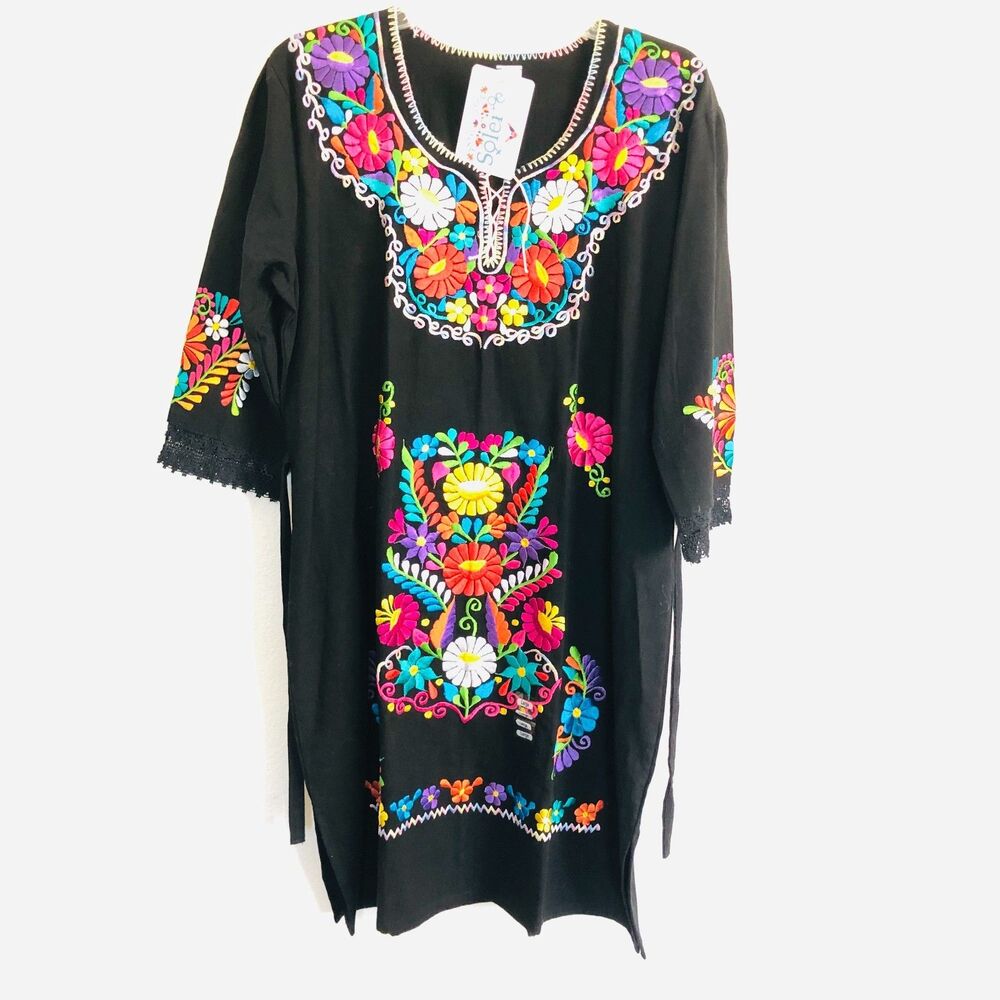 Solei Black Floral Embroidered Handmade Puebla Style Shift Dress Size L